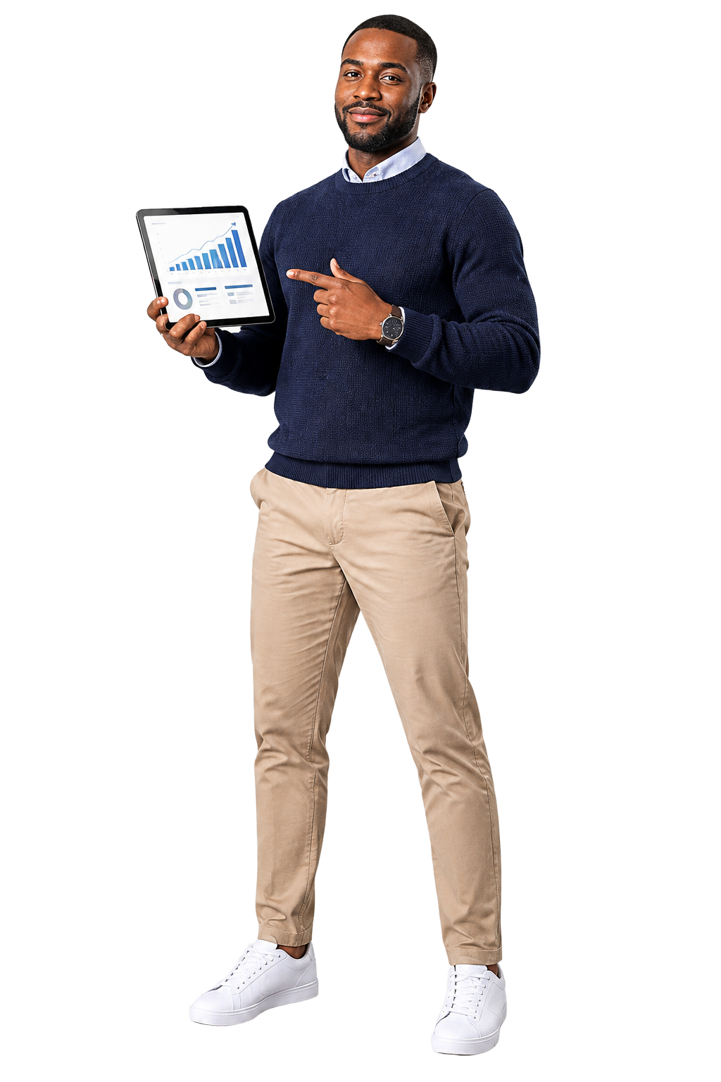 Adult Black growth analyst presenting rising analytics charts on a tablet
